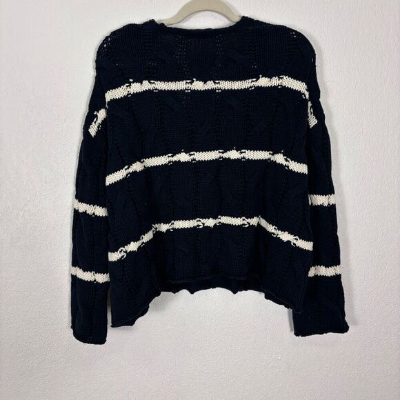 Zara Navy Blue with White Striped V Neck Pullover Sweater Women's Size Small - Picture 2 of 6